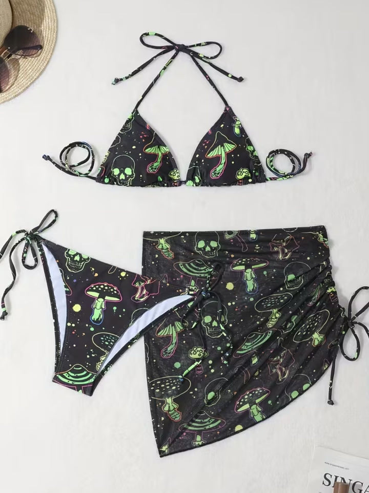 Green Print Mesh Vintage Slim Bikini Set 2