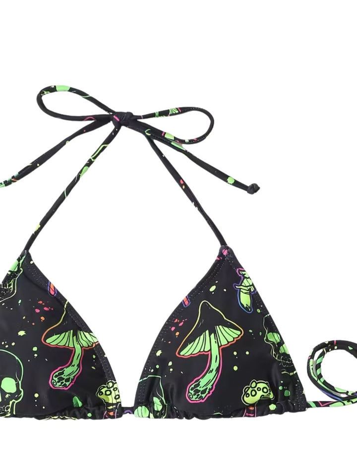 Green Print Mesh Vintage Slim Bikini Set 4