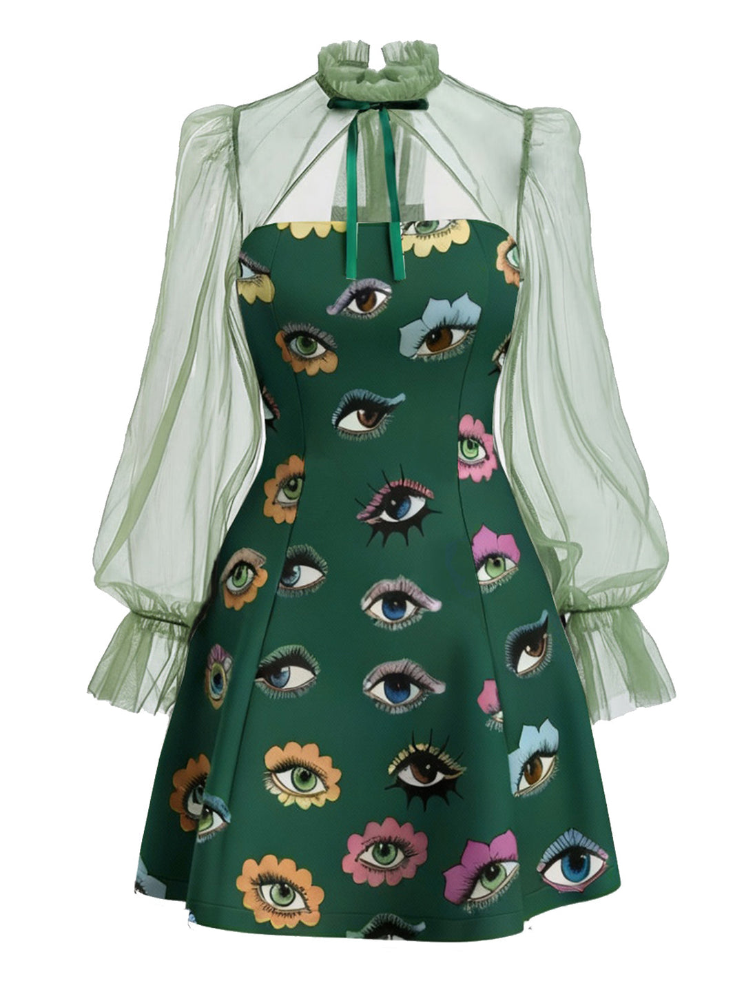 Green 1960s Halloween Gothic Eye Print Mesh Sleeve Dress, vintage dress, retro fashion - perfect for women who love vintage and retro fashion