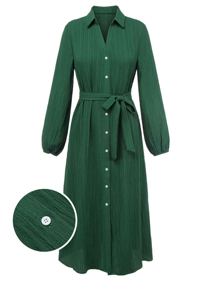 She slips into this Green 1960s Lapel Loose Belted Dress and suddenly it&