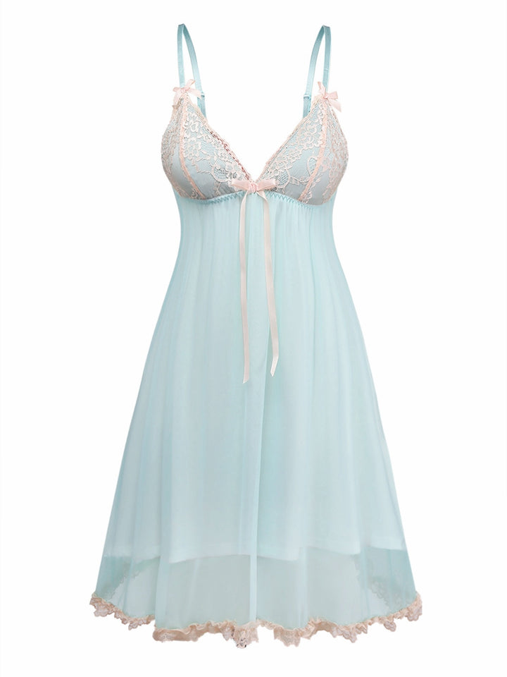 She slips into this Green Mesh Lace Patchwork Bow Straps Nightdress and suddenly it&