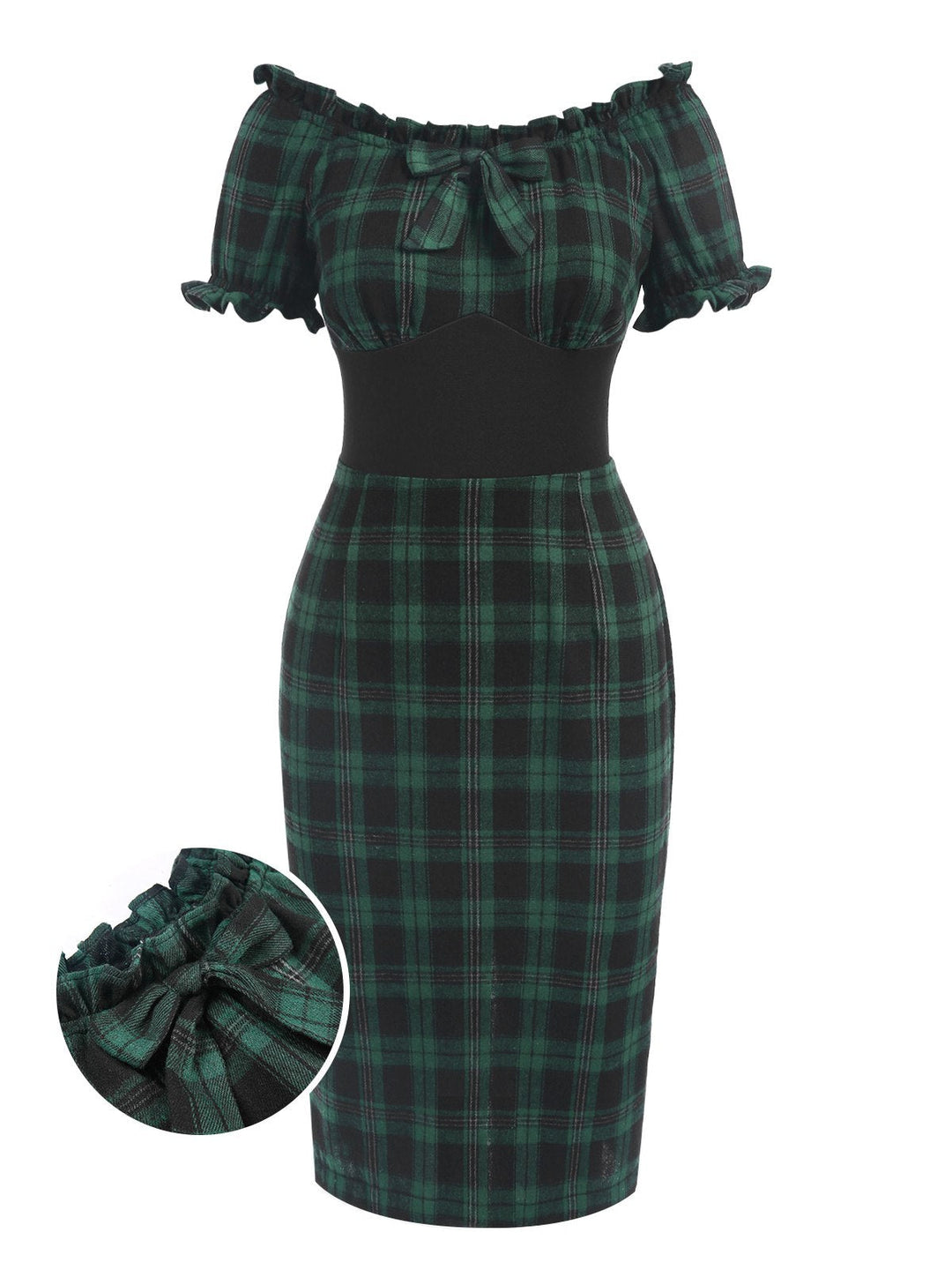 She slips into this Green 1960s Off Shoulder Bow Tartan Pencil Dress and suddenly it&