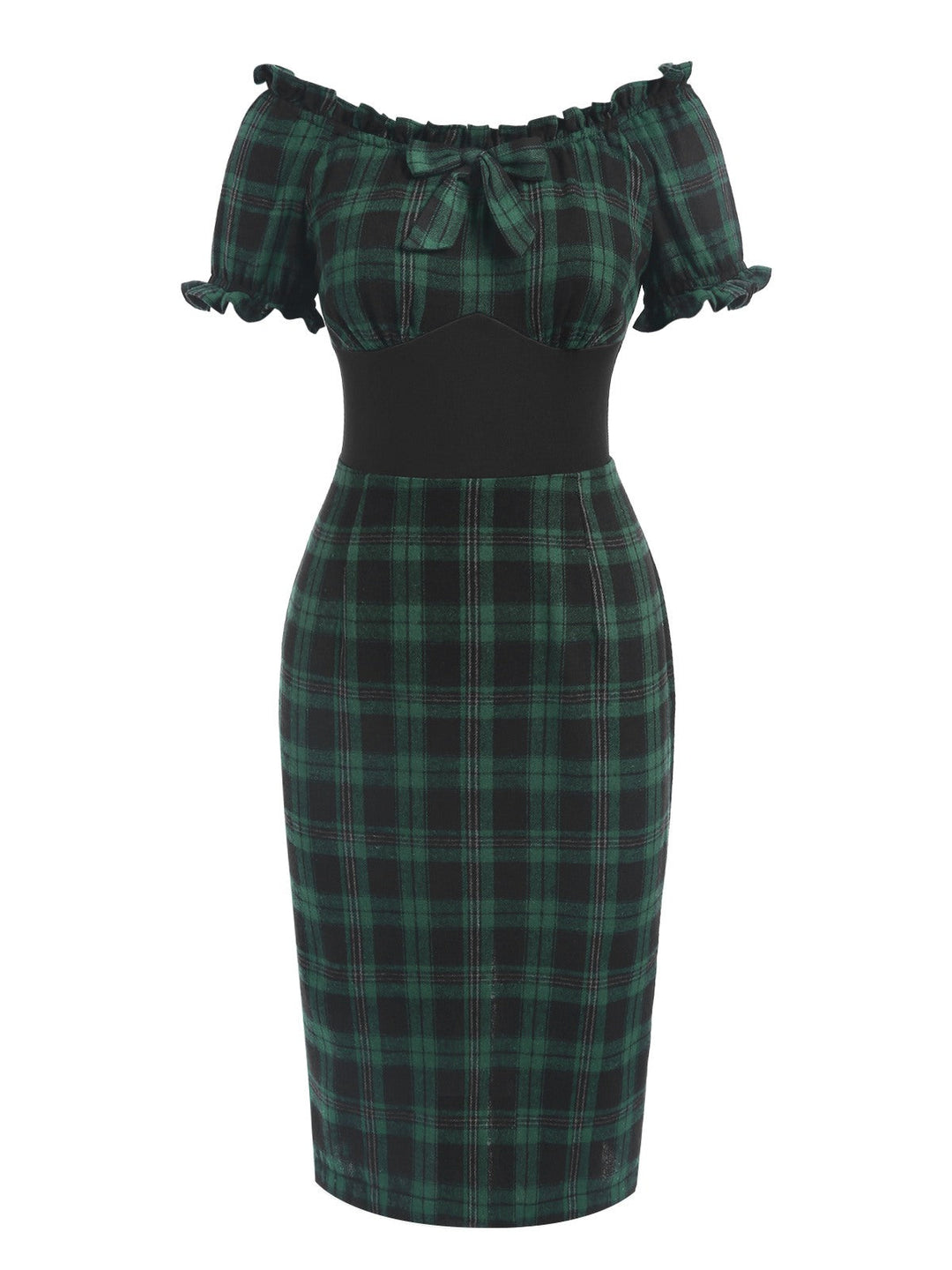 Green 1960s Off Shoulder Bow Tartan Pencil Dress: where 1960s romance meets her modern spirit
