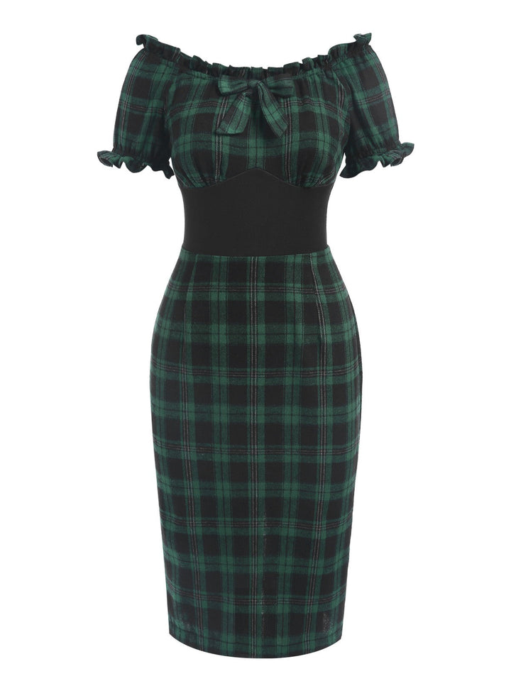Green 1960s Off Shoulder Bow Tartan Pencil Dress: where 1960s romance meets her modern spirit