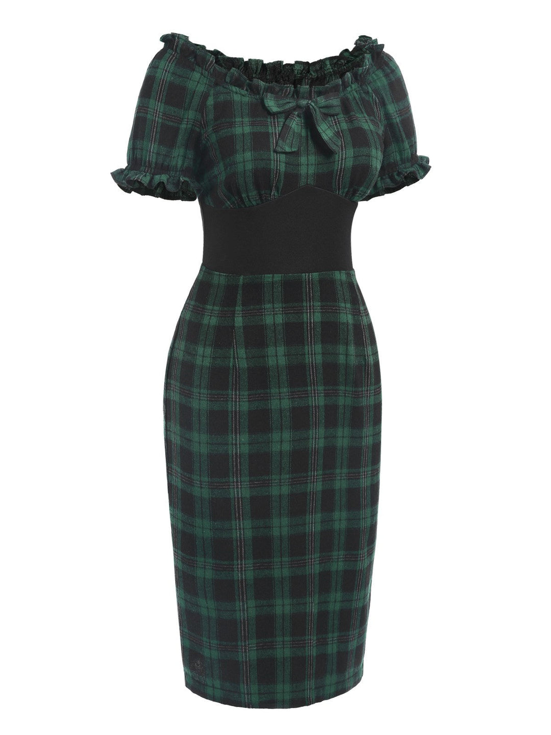 This Green 1960s Off Shoulder Bow Tartan Pencil Dress wraps her in 1960s elegance, one twirl at a time