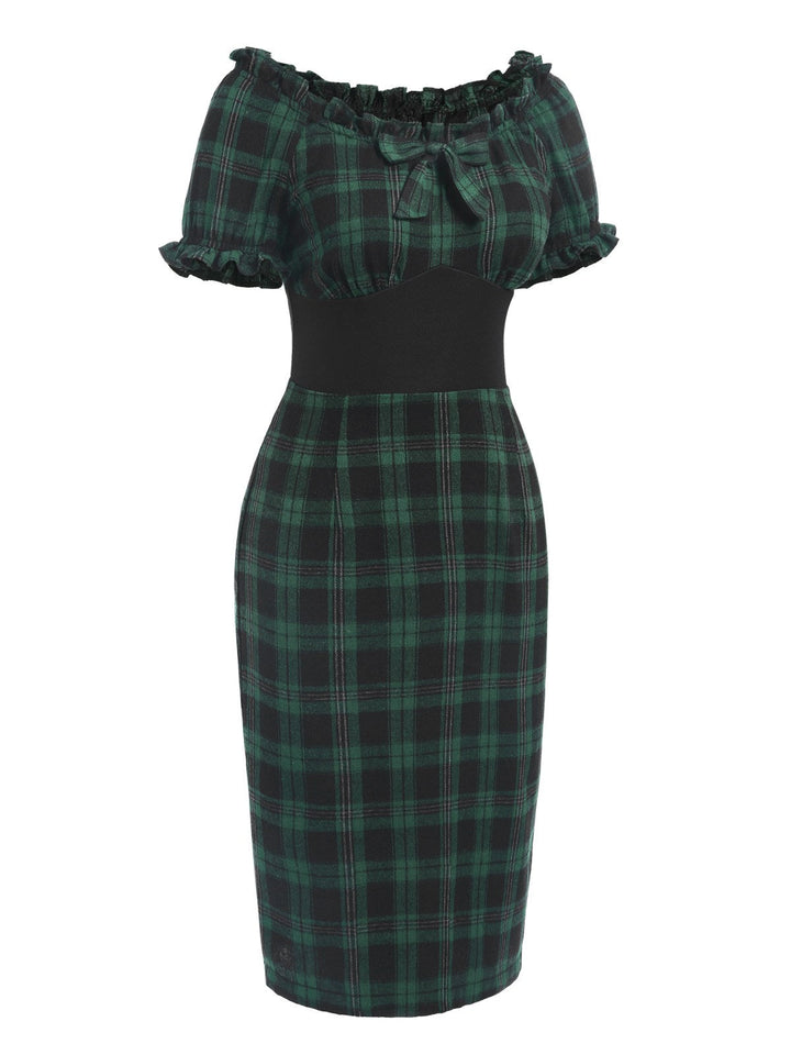 This Green 1960s Off Shoulder Bow Tartan Pencil Dress wraps her in 1960s elegance, one twirl at a time