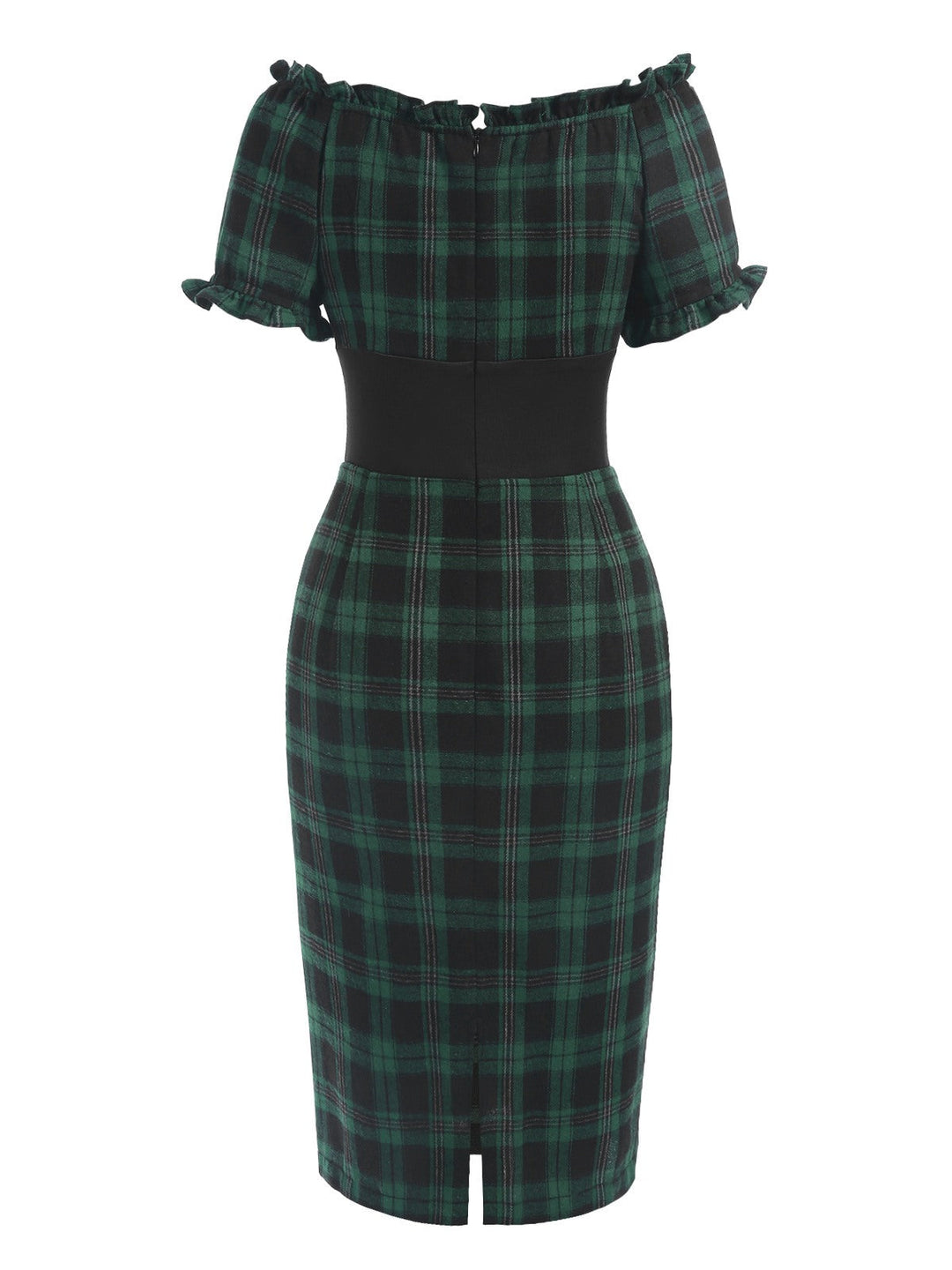 Green 1960s Off Shoulder Bow Tartan Pencil Dress — the kind of 1960s dress that makes strangers smile