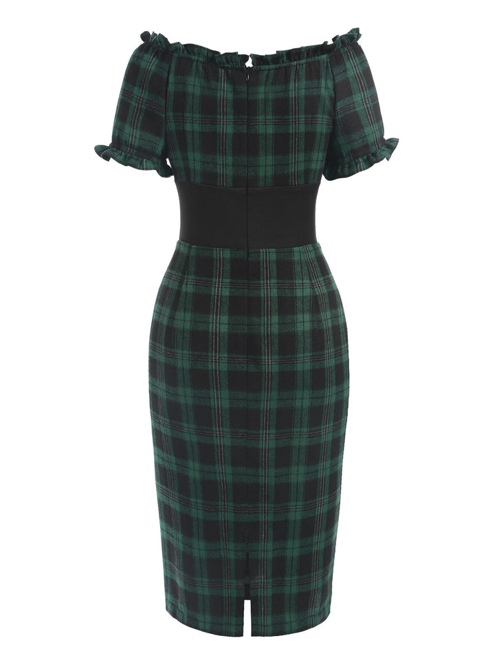 Green 1960s Off Shoulder Bow Tartan Pencil Dress — the kind of 1960s dress that makes strangers smile