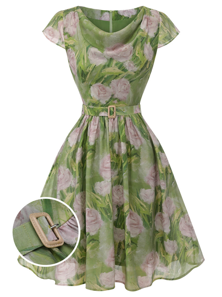 Green 1960s Oil-Painting Rose Dress, vintage dress, retro fashion - perfect for women who love vintage and retro fashion
