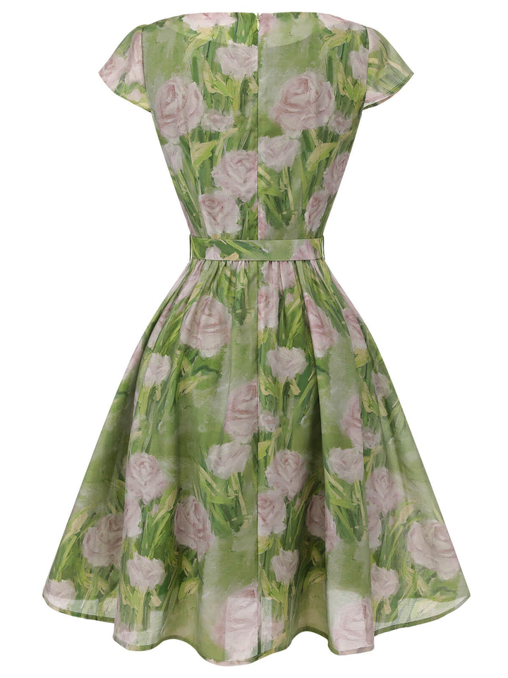 Green 1960s Oil-Painting Rose Dress, vintage dress, retro fashion - perfect for women who love vintage and retro fashion