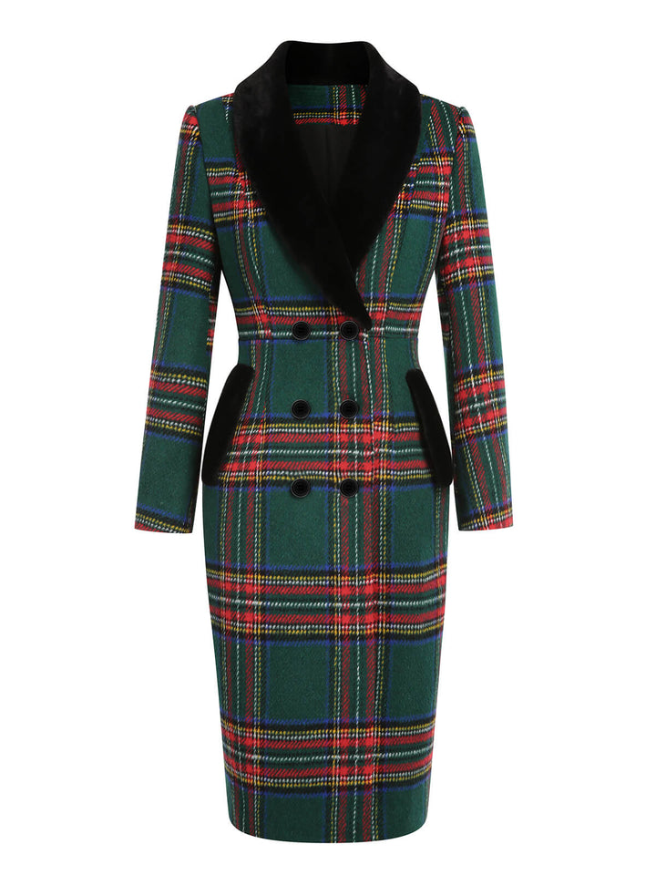 Green 1960s Plaid Fur Collar Pencil Coat - vintage fashion, style