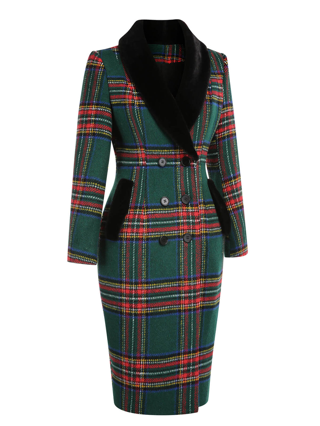 Green 1960s Plaid Fur Collar Pencil Coat - vintage fashion, style