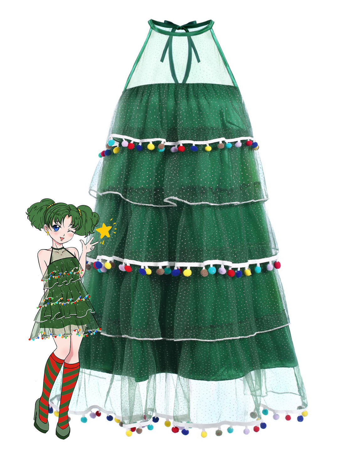She slips into this Green 1960s Pom-Pom Christmas Tree Dress and suddenly it&