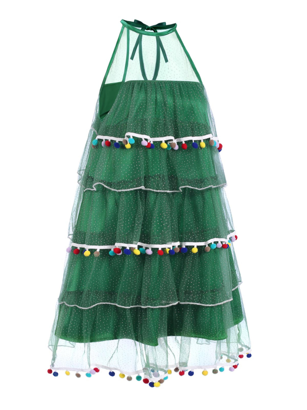 This Green 1960s Pom-Pom Christmas Tree Dress wraps her in 1960s elegance, one twirl at a time