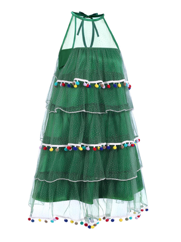This Green 1960s Pom-Pom Christmas Tree Dress wraps her in 1960s elegance, one twirl at a time