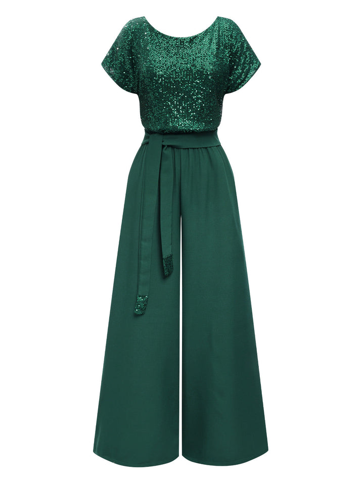 Green 1960s Sequined Wide-Leg Jumpsuit, vintage romper, retro jumpsuit - perfect for women who love vintage and retro fashion