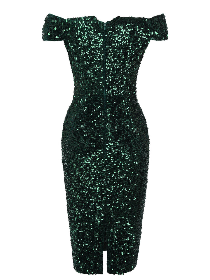 Green 1960s Sequins Off-Shoulder Pencil Dress, vintage dress, retro fashion - perfect for women who love vintage and retro fashion