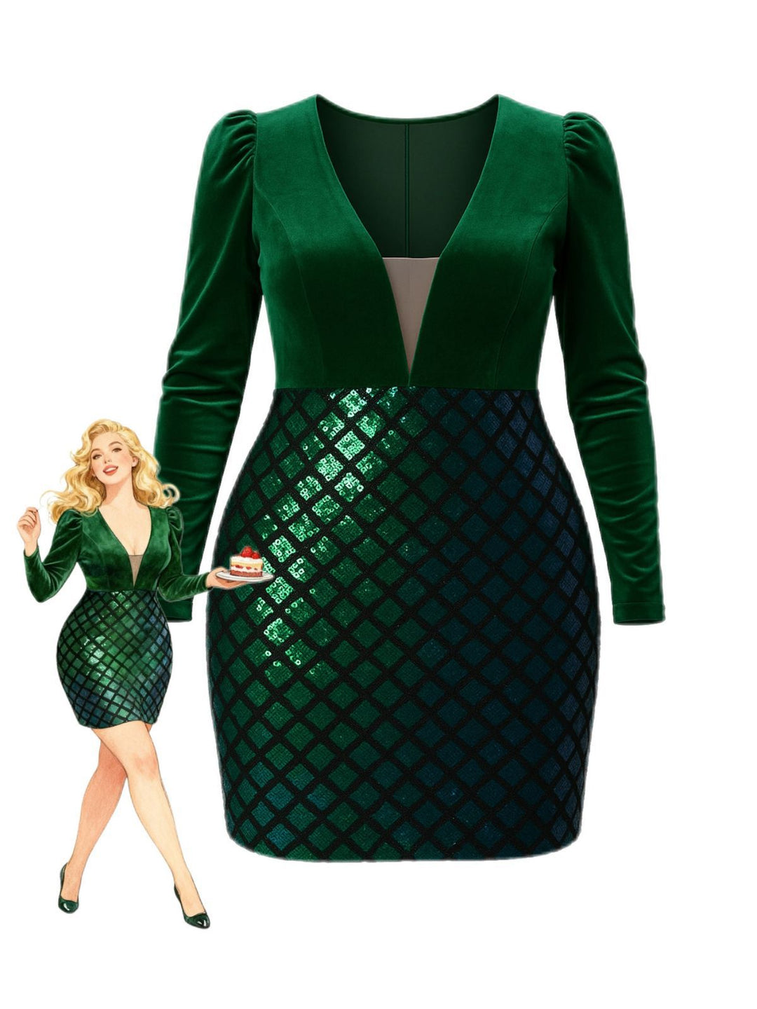 Green 1960s Seuqins V-Neck Velvet Bodycon Dress - vintage dress, fashion