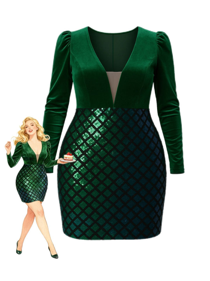 Green 1960s Seuqins V-Neck Velvet Bodycon Dress - vintage dress, fashion