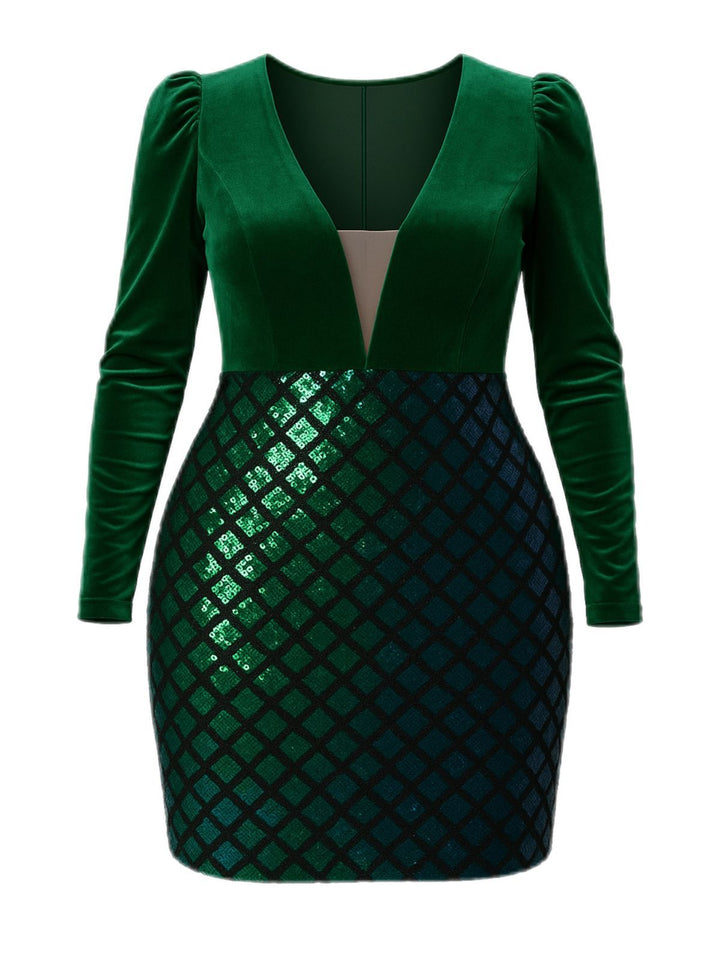 Green 1960s Seuqins V-Neck Velvet Bodycon Dress - vintage dress, fashion