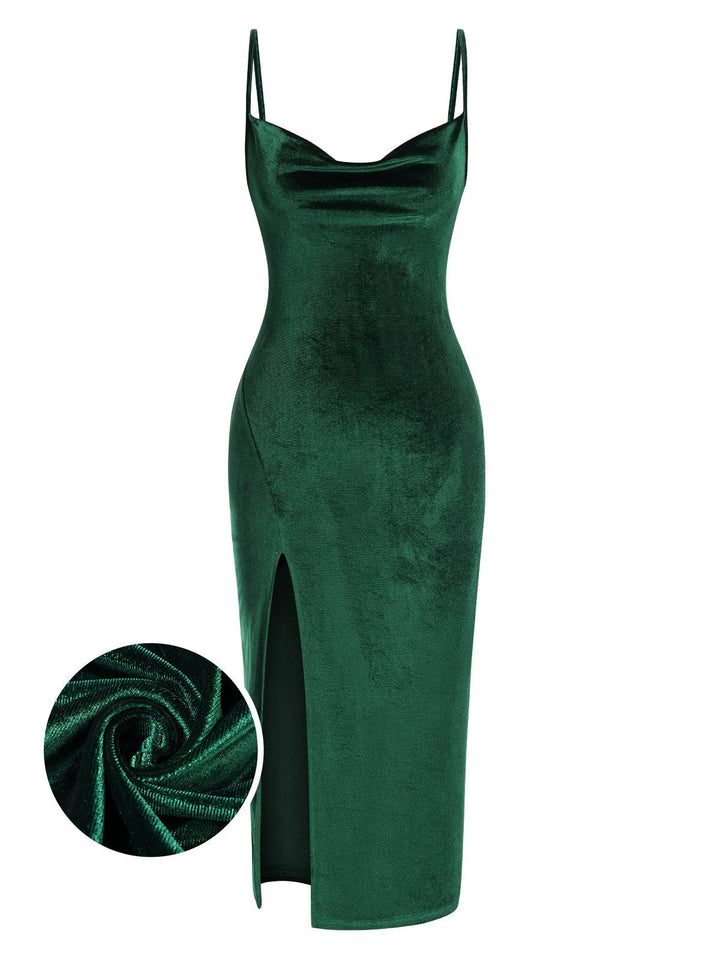 She slips into this Green 1960s Slit Suspender Velvet Dress and suddenly it&