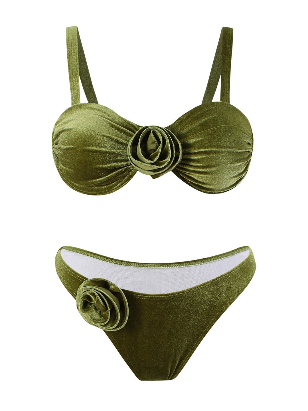 Green 1960s Solid Velvet 3D Rose Bikini Set - vintage fashion, retro style