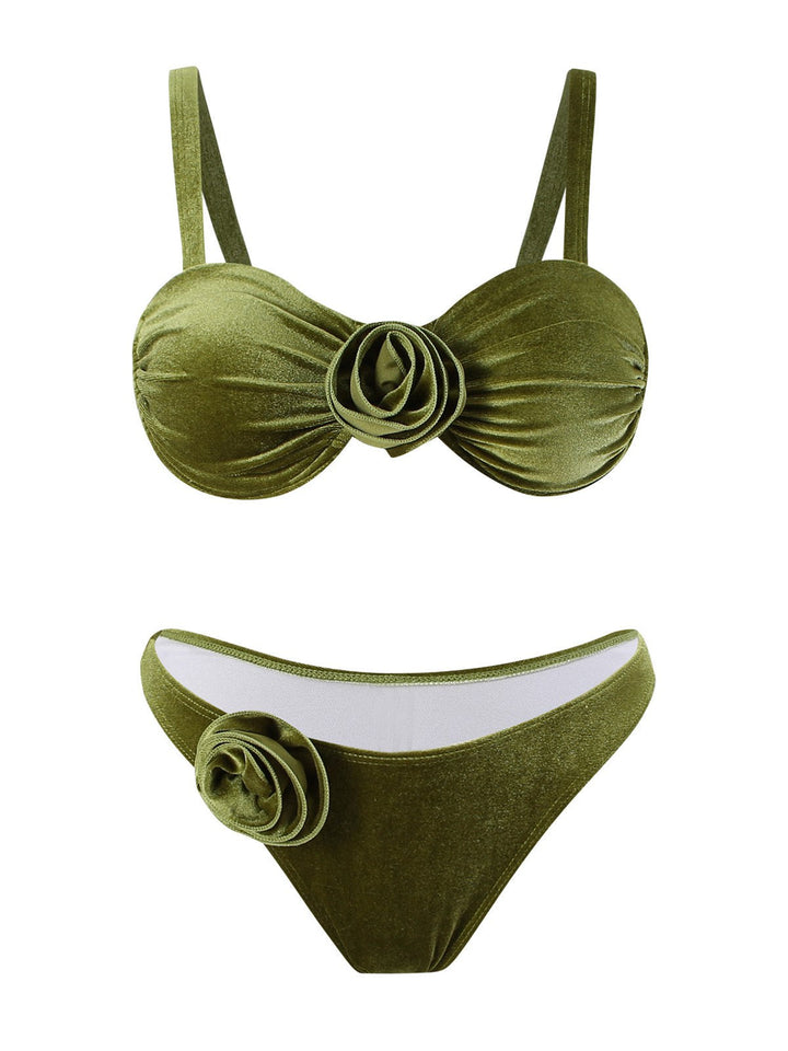 Green 1960s Solid Velvet 3D Rose Bikini Set - vintage fashion, retro style