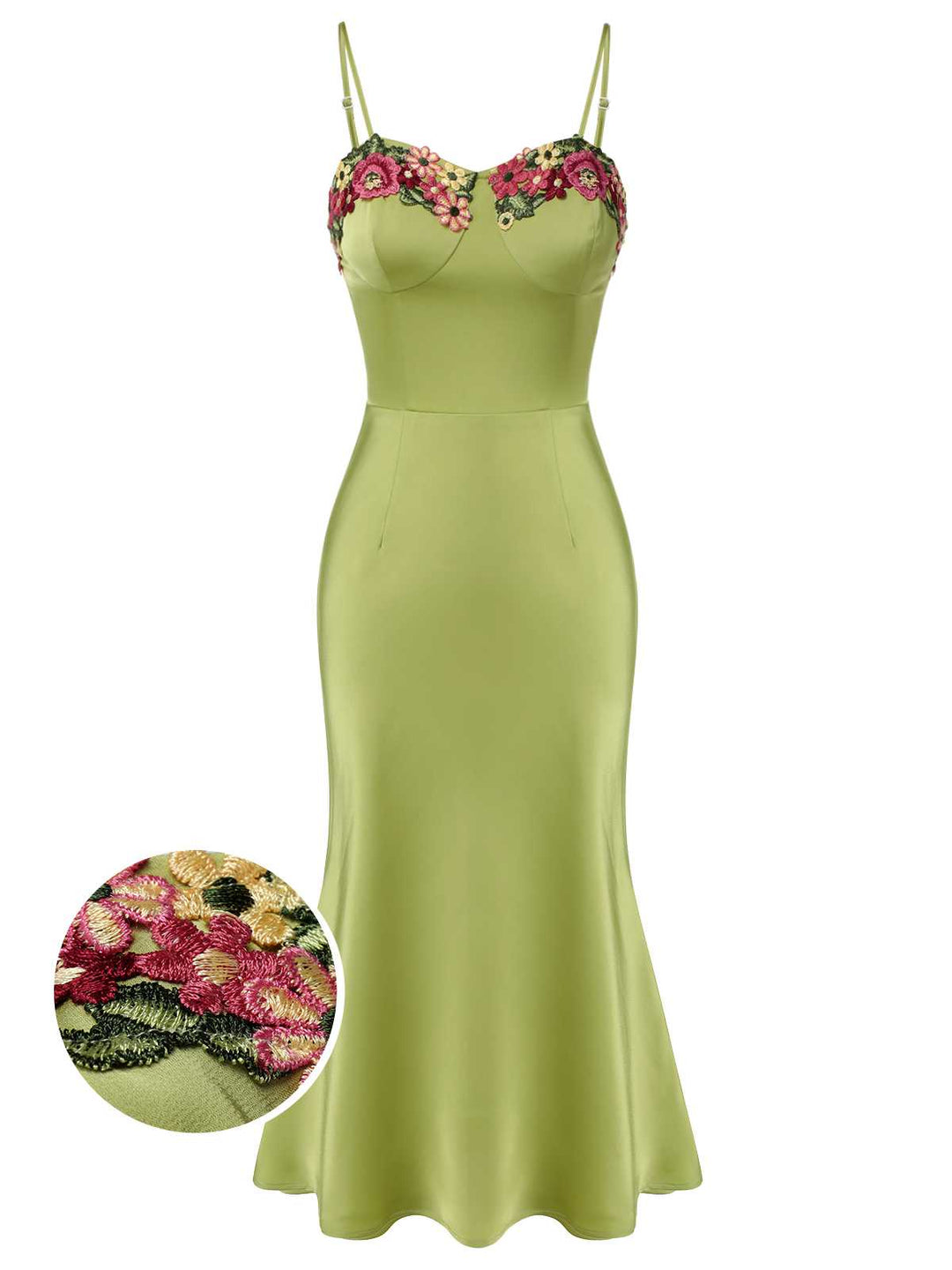 She slips into this Green 1960s Spaghetti Strap 3D Floral Dress and suddenly it&
