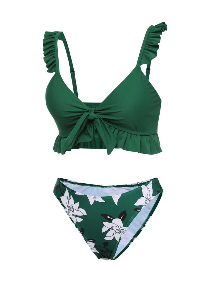 Green 1960s Strap Floral Ruffles Swimsuit — 1960s poolside glamour meets sun-drenched confidence