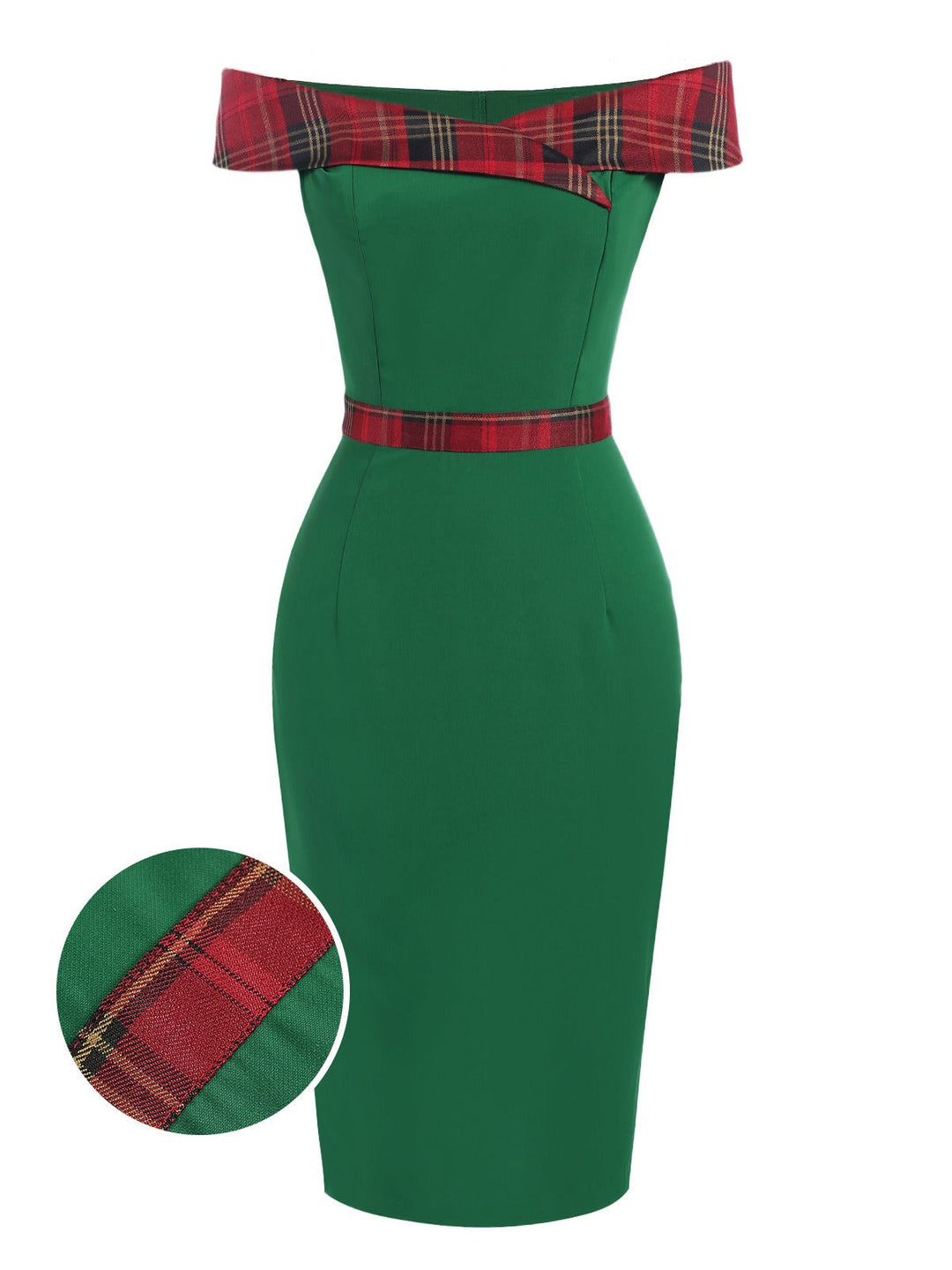 She slips into this Green 1960s Tartan Patchwork Off-Shoulder Dress and suddenly it&