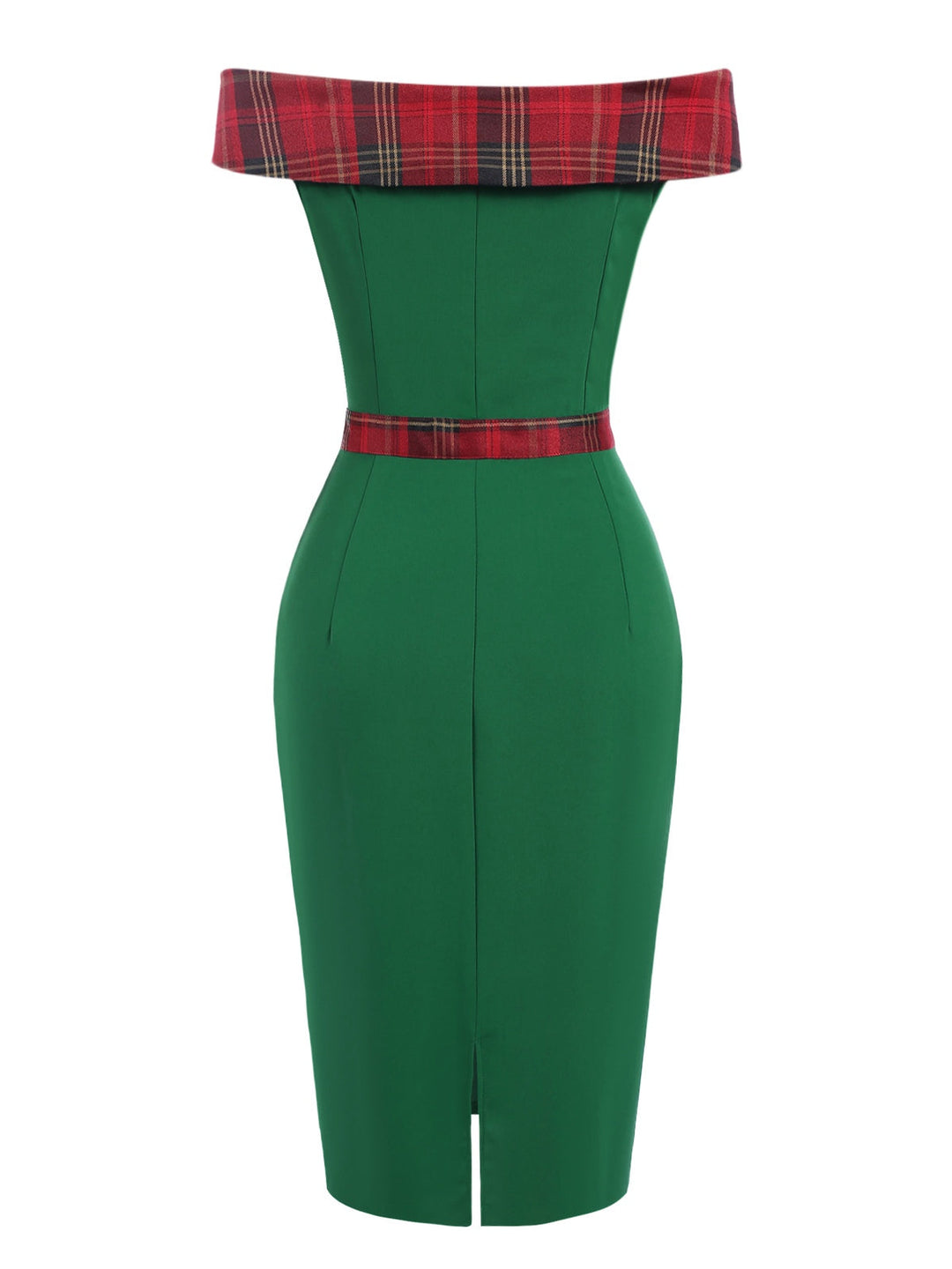 Green 1960s Tartan Patchwork Off-Shoulder Dress — the kind of 1960s dress that makes strangers smile