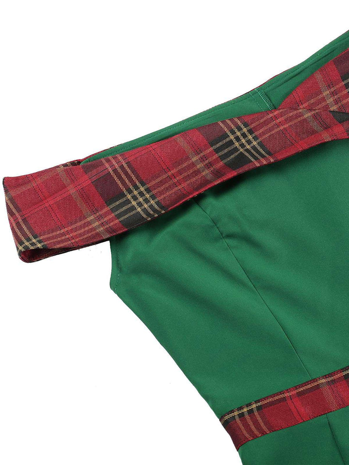 Green 1960s Tartan Patchwork Off-Shoulder Dress — a 1960s silhouette that turns sidewalks into runways