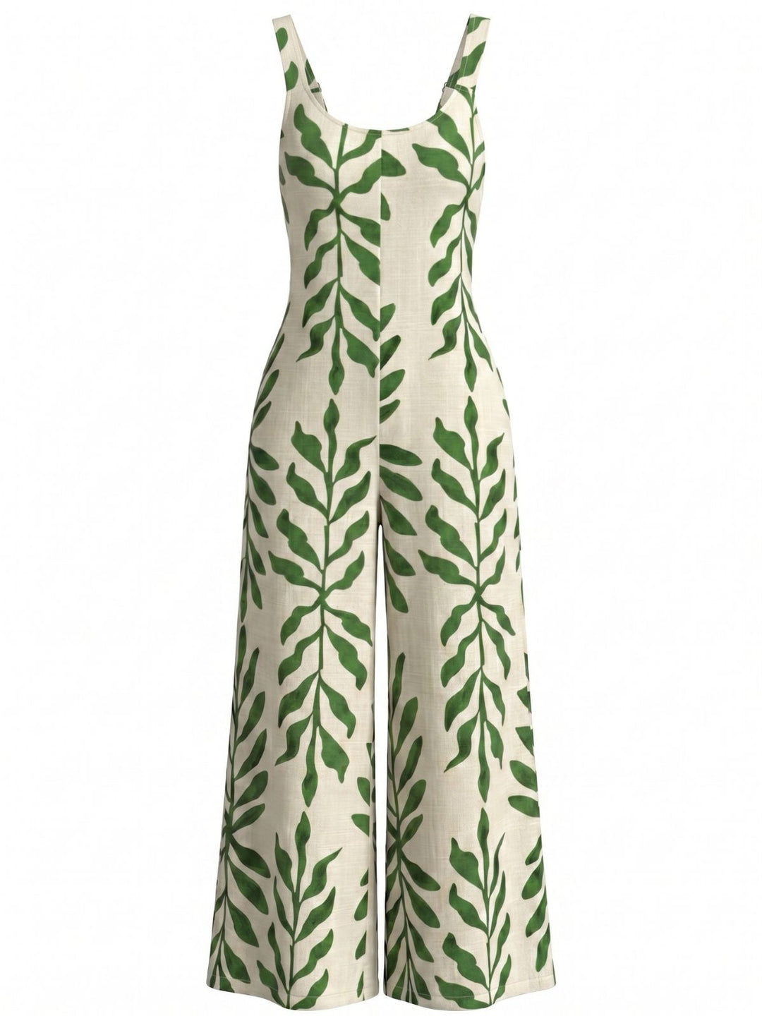 Green 1960s Tropical Leaf Print Spaghetti Strap Wide-Leg Jumpsuit, vintage romper, retro jumpsuit - perfect for women who love vintage and retro fashion