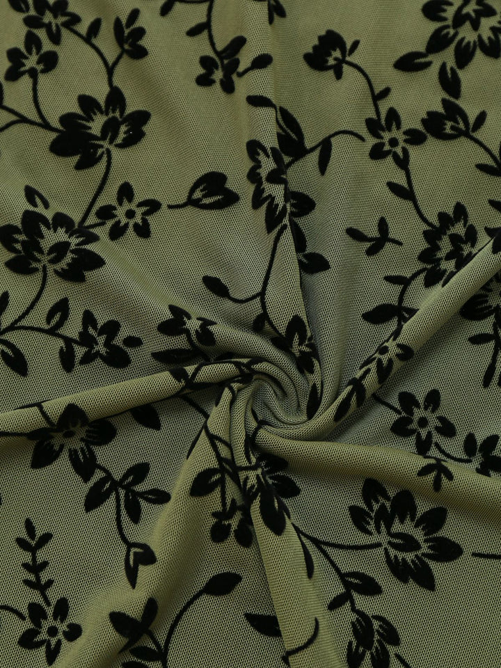 Green 1960s V-Neck Floral Flocked A-line Dress - vintage dress, retro fashion