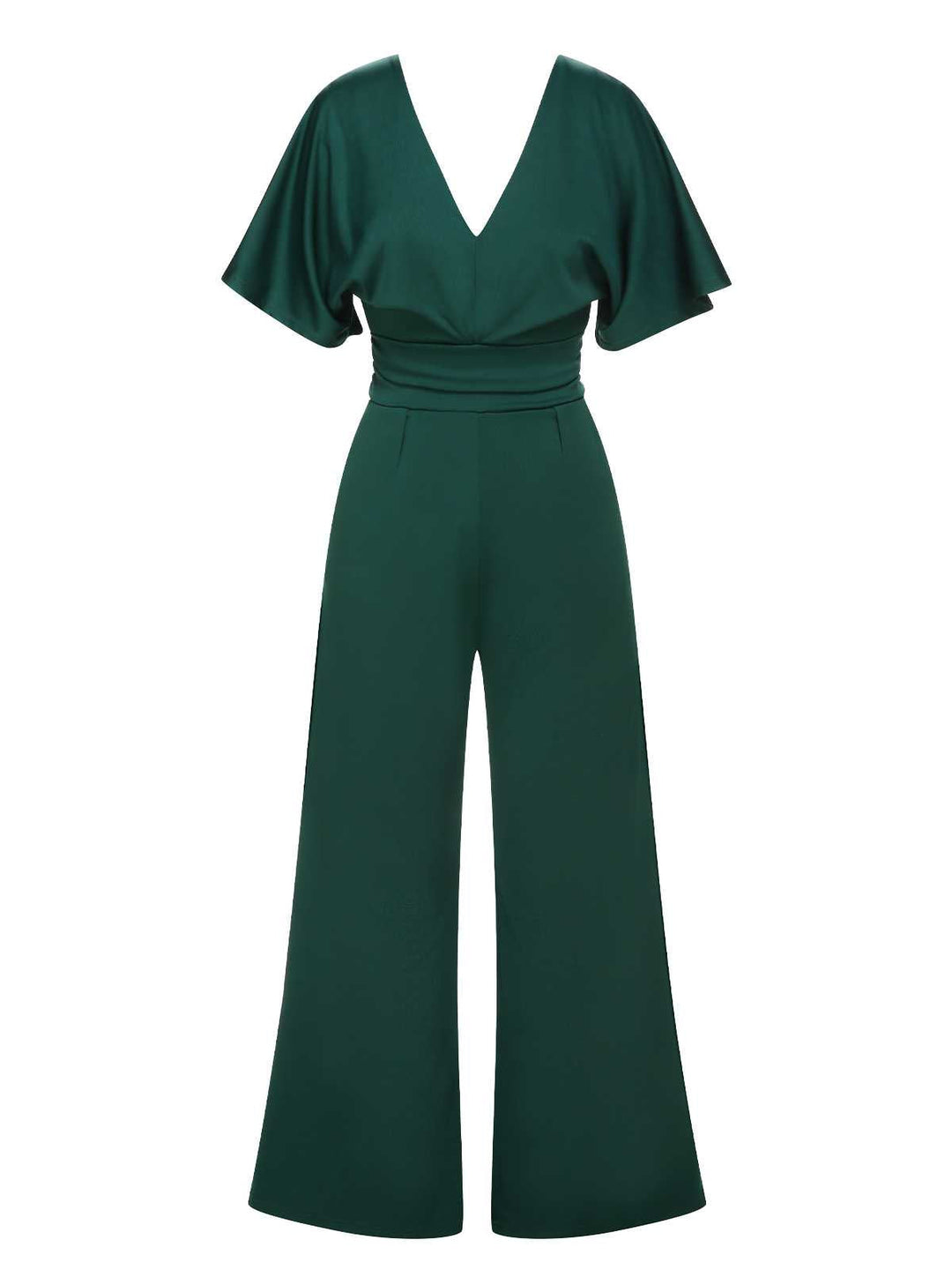 She finds her 1960s story in this Green 1960s V-Neck High Waist Wide-Leg Jumpsuit