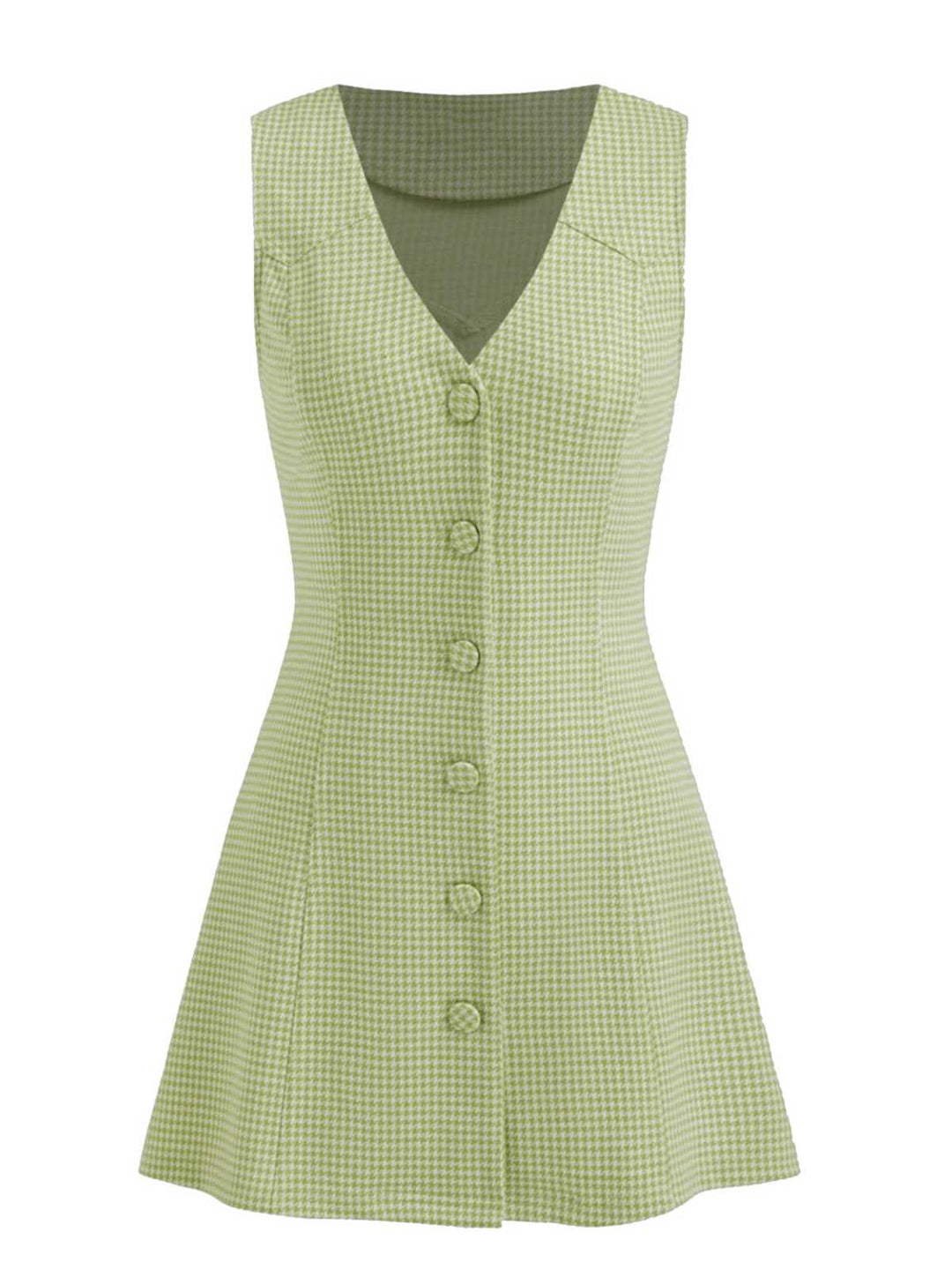 Green 1960s V-Neck Houndstooth Sleeveless Dress - vintage dress, retro fashion