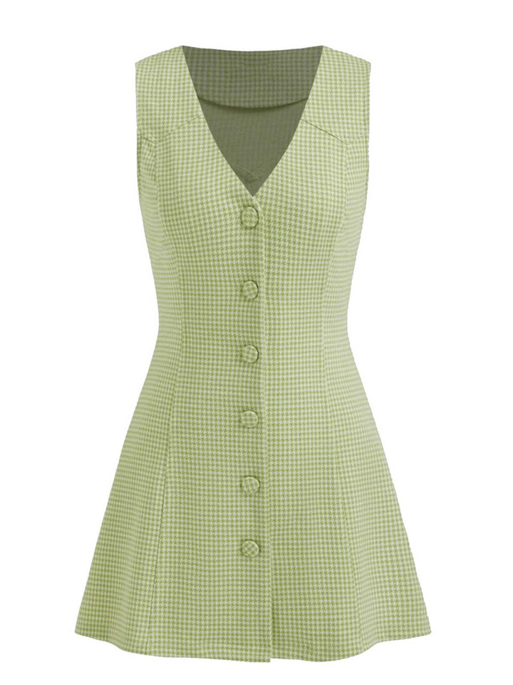Green 1960s V-Neck Houndstooth Sleeveless Dress - vintage dress, retro fashion