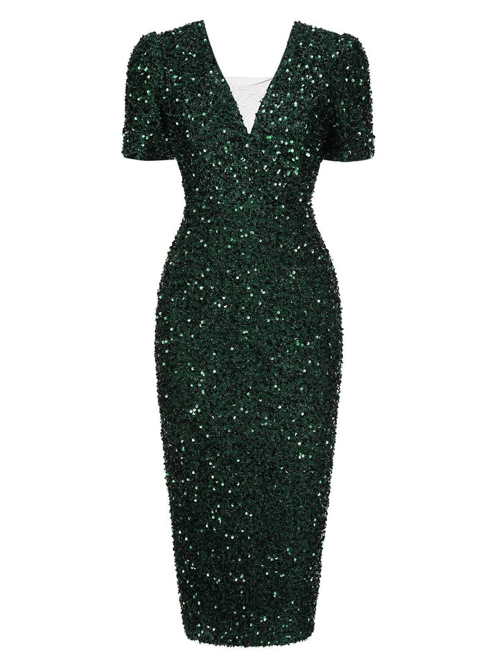 Green 1960s V-Neck Sequined Pencil Dress, vintage dress, retro fashion - perfect for women who love vintage and retro fashion