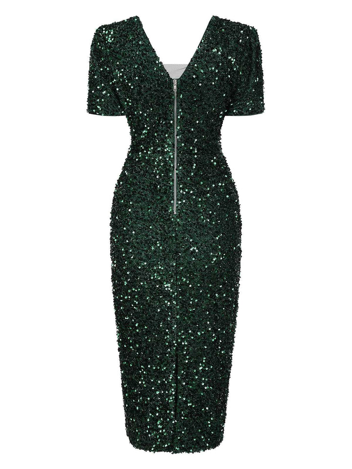Green 1960s V-Neck Sequined Pencil Dress, vintage dress, retro fashion - perfect for women who love vintage and retro fashion