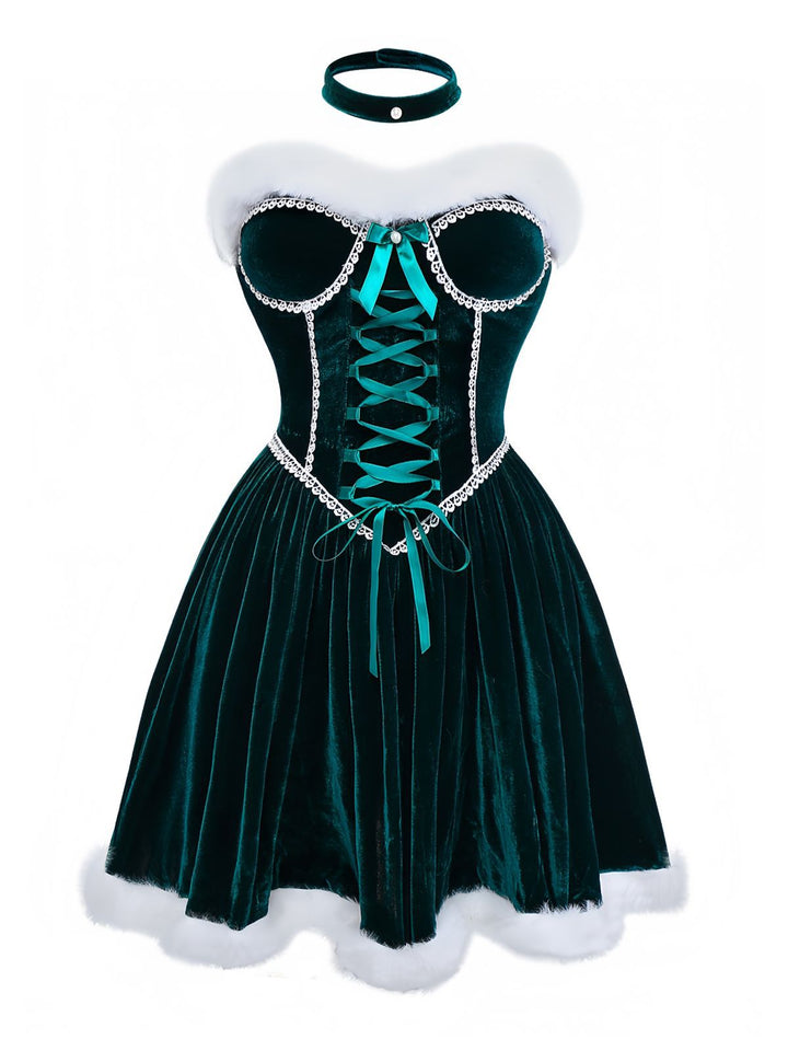 Green 1960s Velvet Fringe Strapless Mini Dress - vintage dress, retro fashion