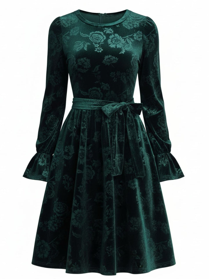 Green 1960s Velvet Rose Jacquard Dress - vintage dress, retro fashion
