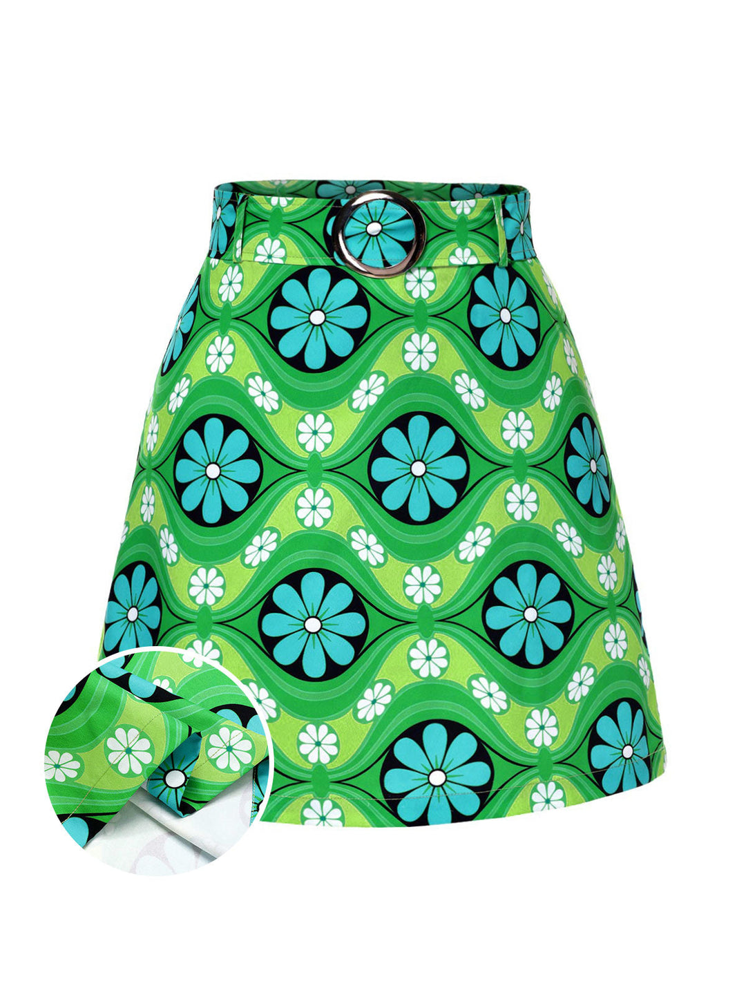 She sways in this Green 1960s Vintage Floral Belted Mini Skirt and it&
