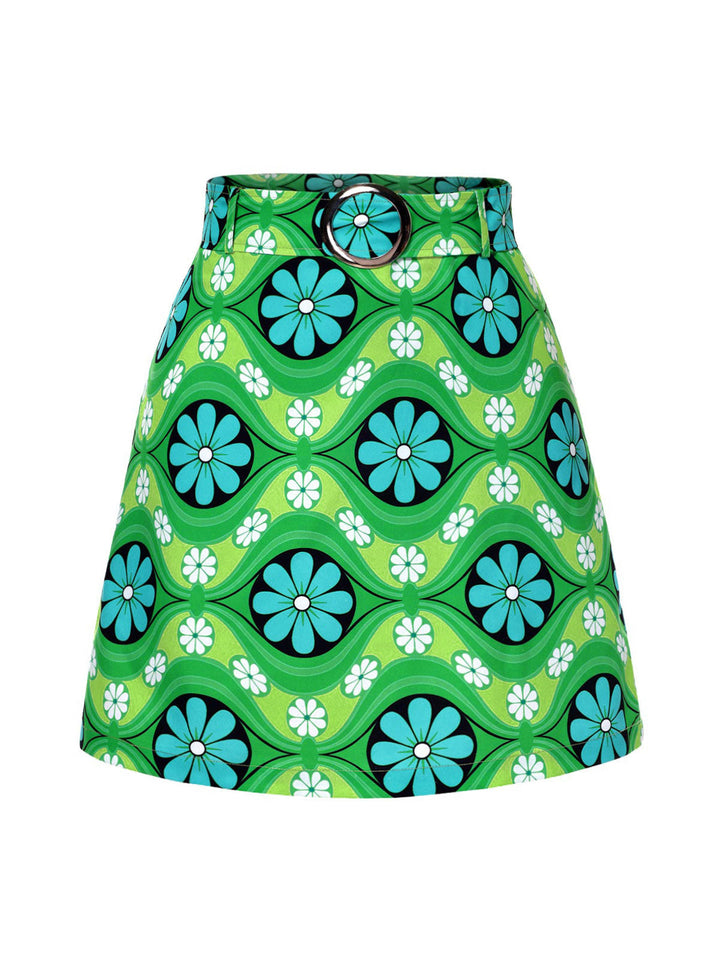 Green 1960s Vintage Floral Belted Mini Skirt: 1960s grace for the woman who dances through life