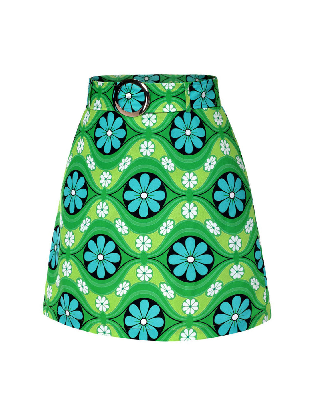 This Green 1960s Vintage Floral Belted Mini Skirt spins 1960s stories with every step