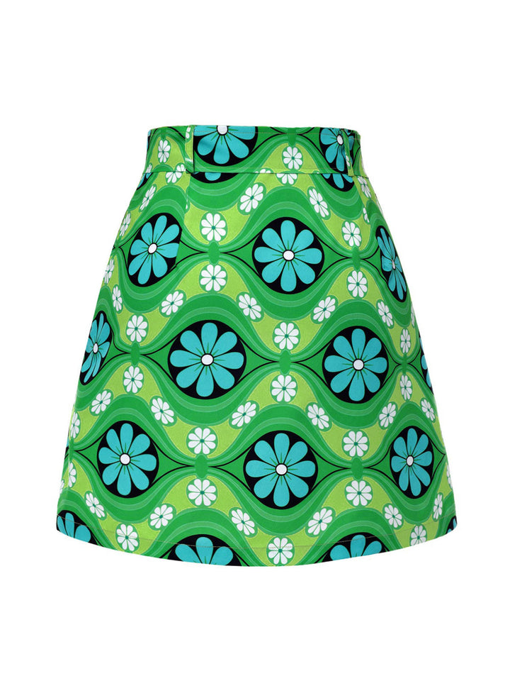 Green 1960s Vintage Floral Belted Mini Skirt — because 1960s glamour deserves an encore