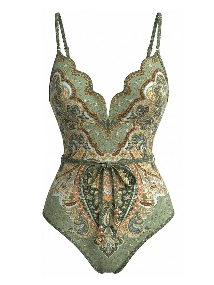 Green Bohemia Petal Collar One-Piece Swimsuit, vintage swimsuit, swimwear - perfect for women who love vintage and retro fashion