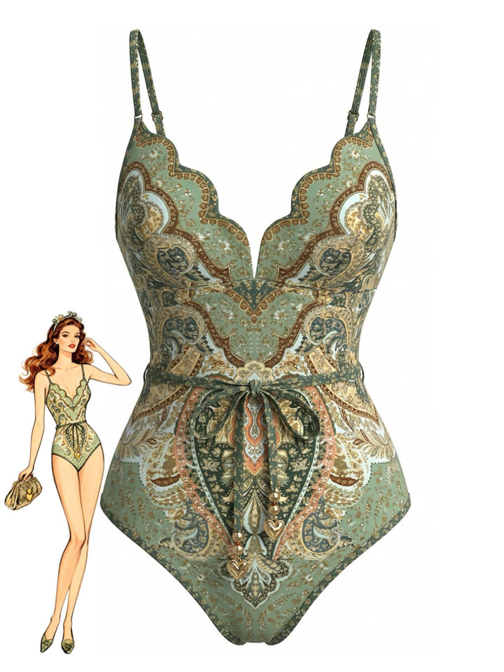 Green Bohemia Petal Collar One-Piece Swimsuit, vintage swimsuit, swimwear - perfect for women who love vintage and retro fashion