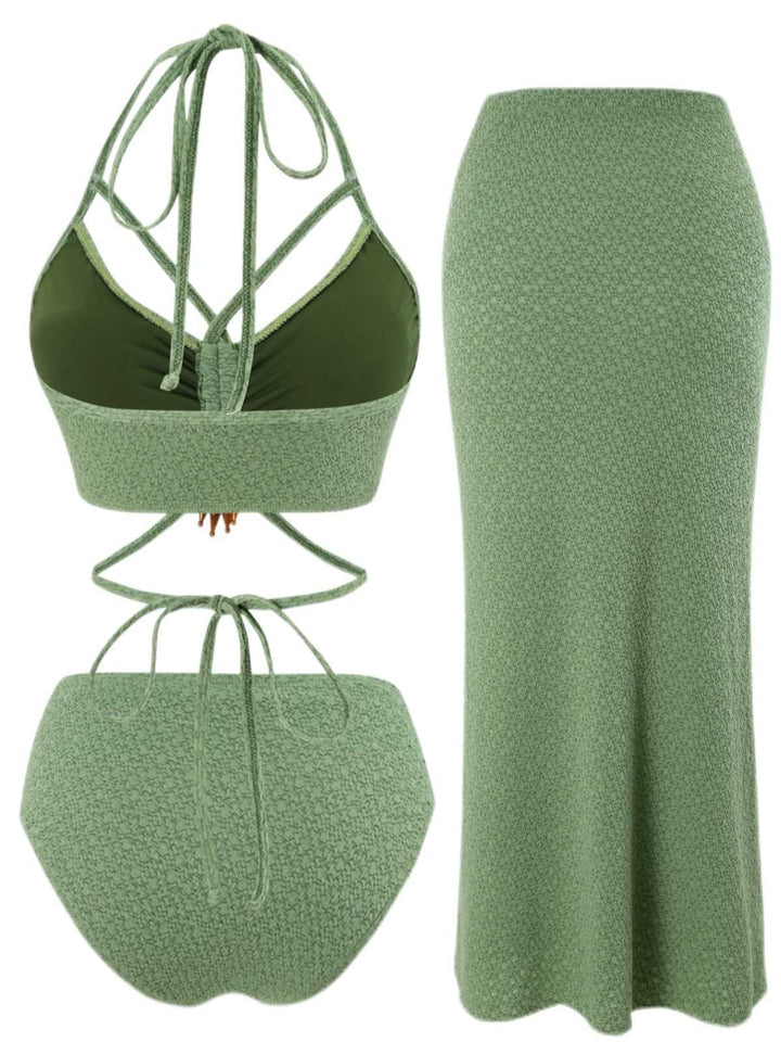 Green 1970s Boho Beaded Bikini Set &amp; Ruched Cover-Up: 1970s Riviera elegance, reimagined for her