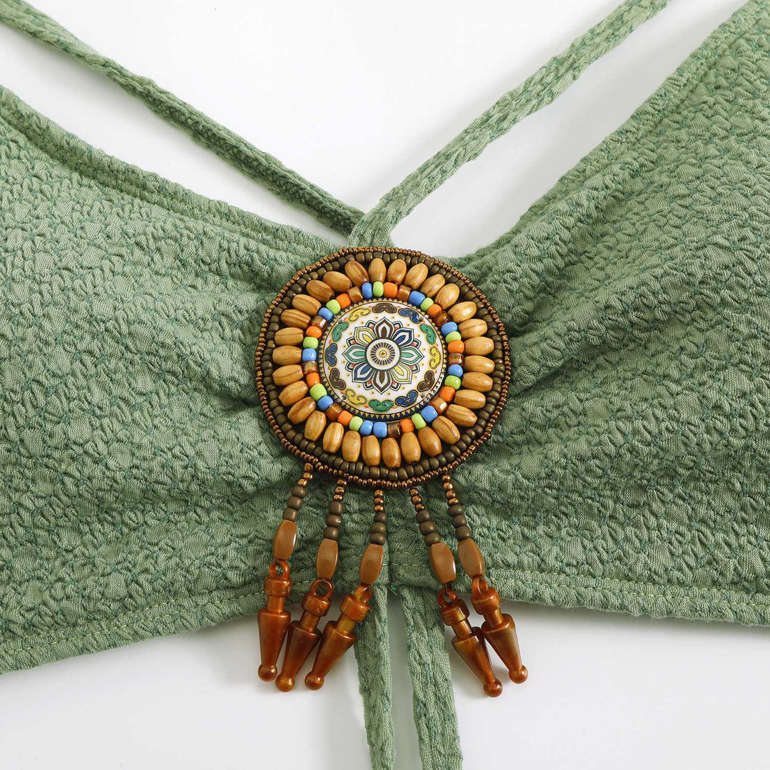 Green 1970s Boho Beaded Bikini Set &amp; Ruched Cover-Up — 1970s poolside glamour meets sun-drenched confidence