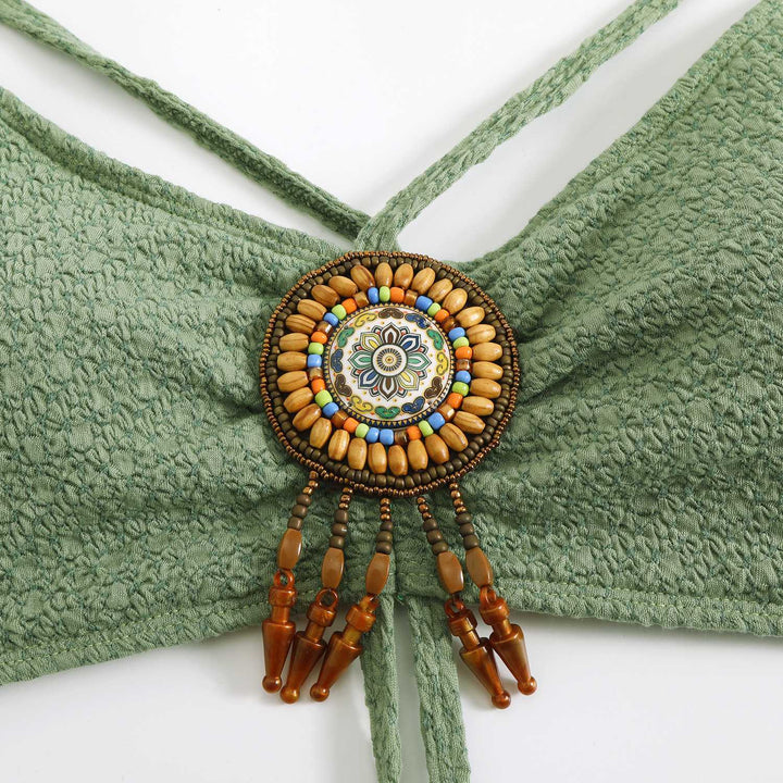 Green 1970s Boho Beaded Bikini Set &amp; Ruched Cover-Up — 1970s poolside glamour meets sun-drenched confidence